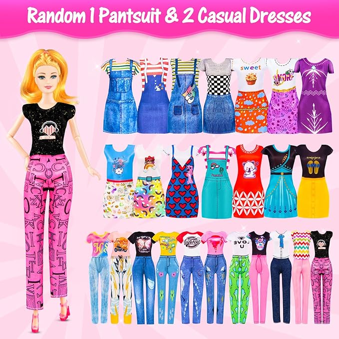 67Pcs Doll Clothes and Accessories with Doll, Motorcycle Scooter Set, Skiing Kit, Pet Set, 10 Shoes, 6 Outfits (Dress/Pants/Casual), Doll Playset Dress Up Toys for Girls Kids Toy Gifts