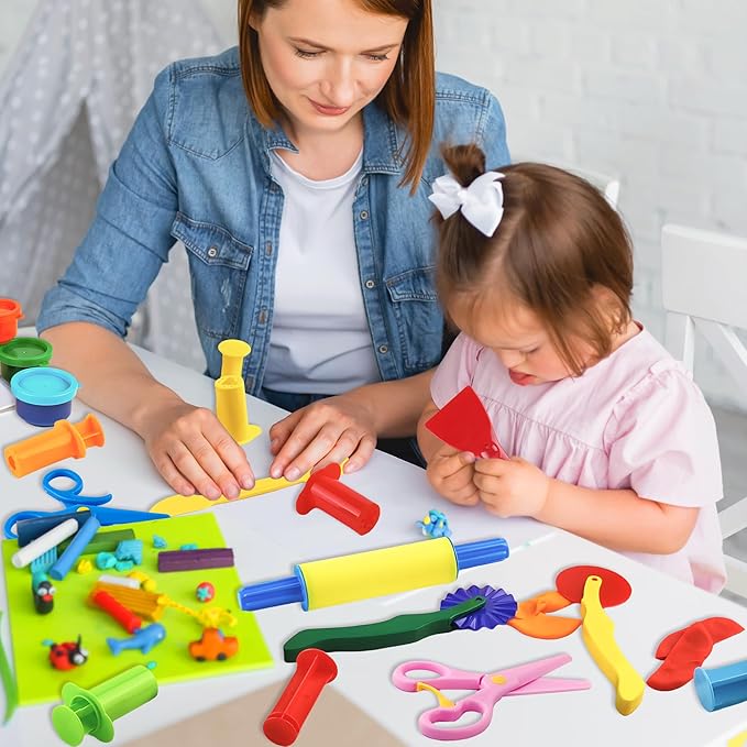 Clay and Dough Tools 12 Pcs Basic Dough Tools Set for Kids with Extruders, Rolling Pin, Cutters,Plastic Hand Scraper, Scissors