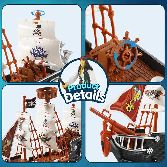 Pirate Action Figures Boat Playset Pirate Pretend Toys Pirate Ship with 6 Action Figures & Tree, Play Toy for Kids, Educational Learning Toys with Figurines,Trees and Boat- Gifts for Boys and Girls