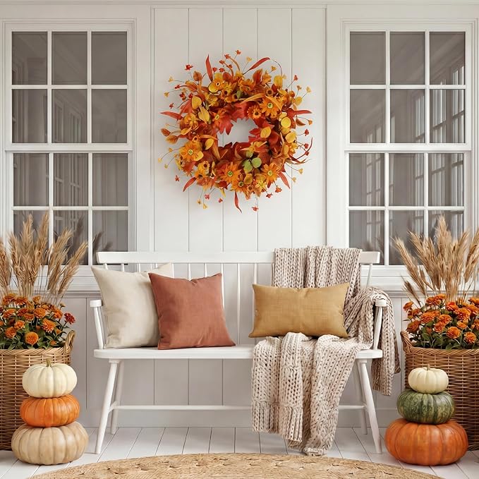 20" Fall Wreath Front Door Artificial Daisy Wall Decor Farmhouse Autumn Wreath Thanksgiving Home Porch Outdoor Indoor Holiday Harvest Decor