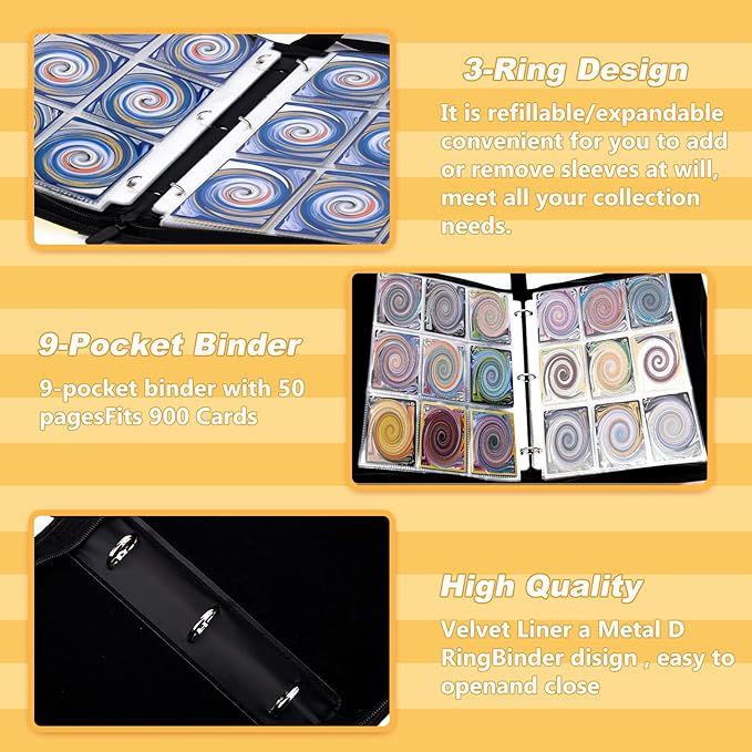 Jravkfi Card Binder 9 Pocket,Premium Trading Card Holder 900 Pockets 50-Page Double-Sided Storage Collection Book 3-ring Zipper Sports Book is A Toys Gift for Girls and Boys(Black)