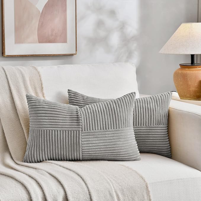 Fancy Homi 2 Packs Grey Lumbar Decorative Throw Pillow Covers 14x24 Inch for Living Room Couch Bed Sofa, Rustic Farmhouse Boho Home Decor, Soft Striped Corduroy Rectangle Accent Cushion Case 35x60 cm