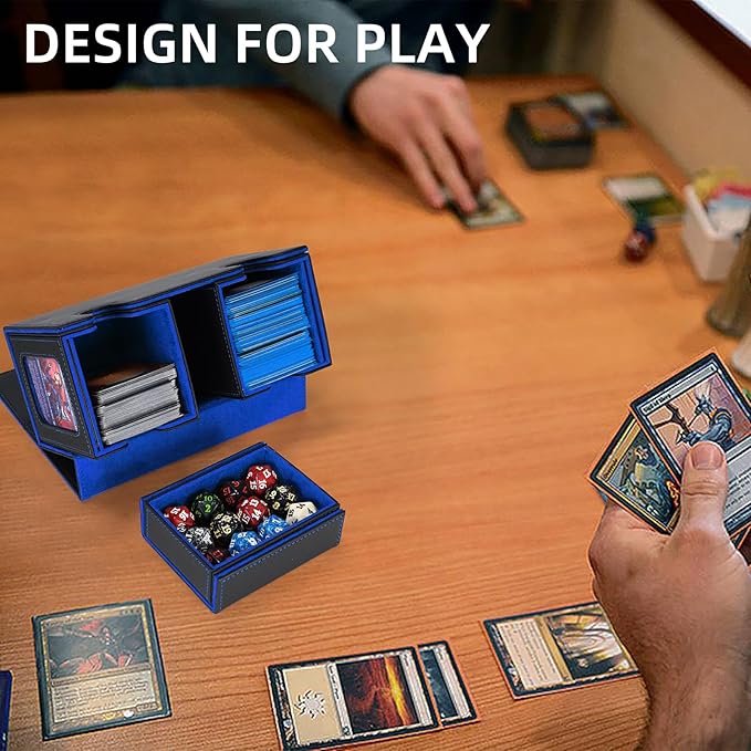 AFIING MTG Commander Card Storage Box - Fits 200 Double Sleeved Cards,3-in-1Card Deck Case,Strong Magnet Card Organizer For Magic Commander TCG CCG,4Dividers &2 Toploaders, Black/Blue