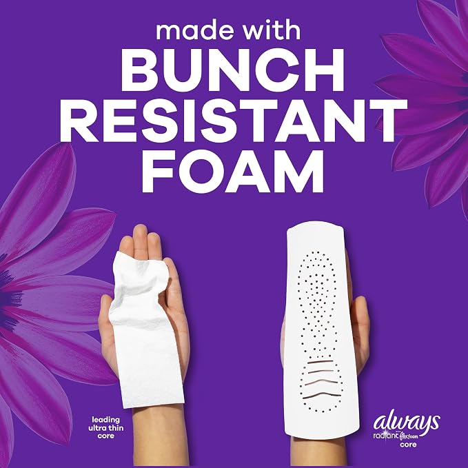 Always Radiant Feminine Pads for Women, Flexfoam Pads with Wings, Size 5, Extra Heavy Overnight Absorbency, Lightly Scented, 54 Count (3 Packs of 18)