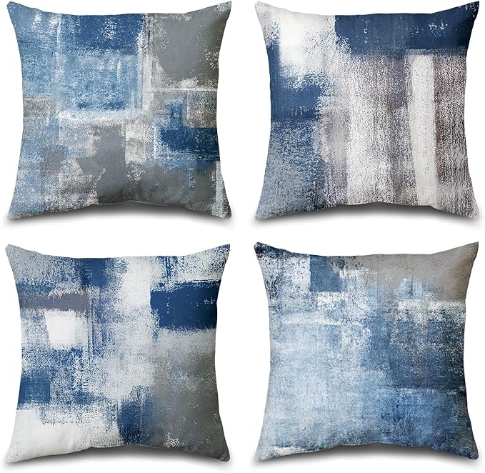 Set of 4 Blue and Grey Abstract Art Artwork Pillow Cover 20 x 20 Inch, Gallery Modern Decorative Throw Pillows Cushion Cover for Bedroom Sofa Living Room | Double-sided vibrant artwork accent cushion covers. Perfect decorative pillows for couch, sofa, ...