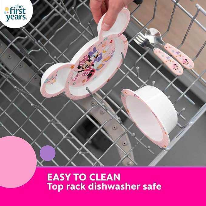 The First Years Disney Minnie Mouse Kids Dinnerware Set - Includes Toddler Plate, Bowl, Fork, and Spoon - Baby Led Weaning Supplies - 4 Count- Ages 9 Months and Up