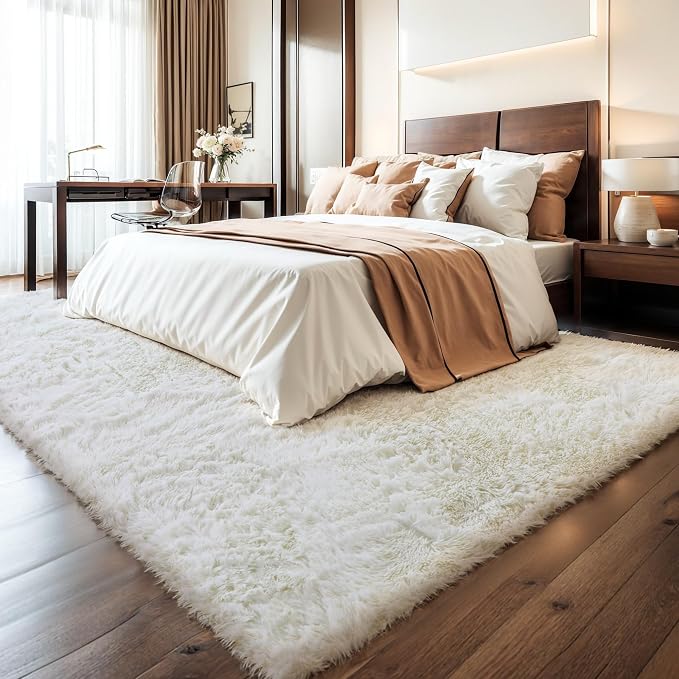 KICHOWUA 5x8 Thick Cream White Fluffy Shag Rug for Bedroom, Plush Washable | Ivory Area Rug for Living Room, Kids Nursery, Boys Girls Dorm Room, Shaggy Carpet