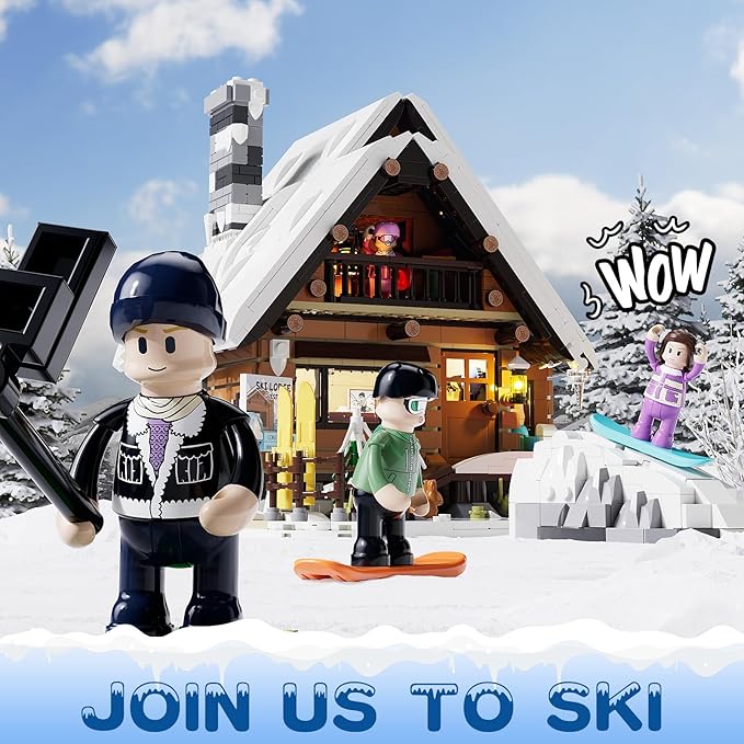 FUNWHOLE Christmas Ski-Cabin Lighting Building-Bricks-Set - Retro Christmas Winter Snow House Collection LED Light Building Construction Holiday Model Set 2187 Pcs for Adults and Teen