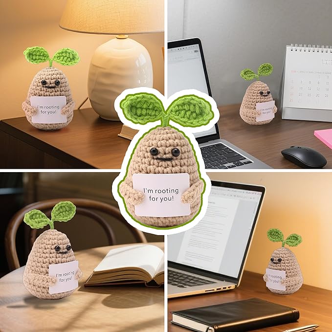 Crochet Potato Plush with Positive Message, Emotional Support Stuffed Animal for Desk Decor, Handmade Tiny Friend with Inspirational Card, Funny Gifts for Women Office Accessories, 1 Pack