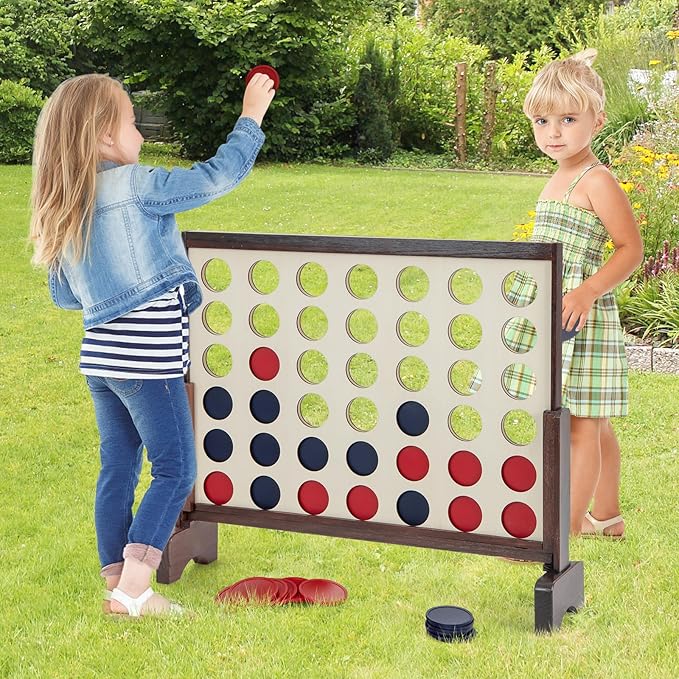 Costzon Giant 4-in-a-Row Game Set, Wooden Jumbo 4-to-Score Game with 42 PCS Chips & 600D Oxford Fabric Carrying Bag, Indoor Outdoor Line-up-4 Game for Kids & Adults, Ideal for Camping (Natural)