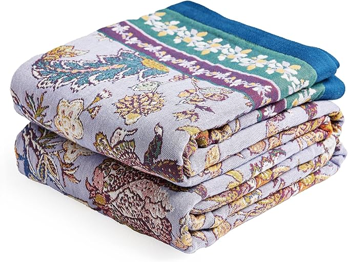 VANJOROY Boho Throw Blanket 60" x 80", 100% Organic Cotton Breathable Ultra Soft Bed Purple Quilt Throw - All Season Luxury Floral Farmhouse Decor Blanket for Sofa Couch Chair and Gift.