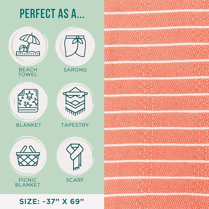 Sand Cloud Turkish Beach Towel - Sand Resistant - 100% Certified Organic Turkish Towel - Quick Dry Towel for Beach, Picnic, Blanket or Bath Towel - As Seen on Shark Tank - Gocek (Coral)