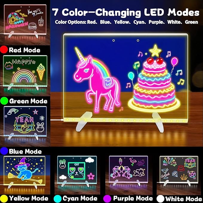 2026 LED Drawing Board for Kids Ages 6+, 2 Pack 13.7"x9.75" Plug-in Light Up Dry Erase Note Boards with Colors, 7 Color Modes Acrylic Glow Board with Stands, Markers, Spray Bottle, Hanging Chains