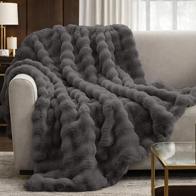 Cozy Bliss Faux Fur Bubble Throw for Couch, Fuzzy Soft Plush Thick Blanket for Sofa Bedroom Living Room, 60x80 Inches Charcoal Grey