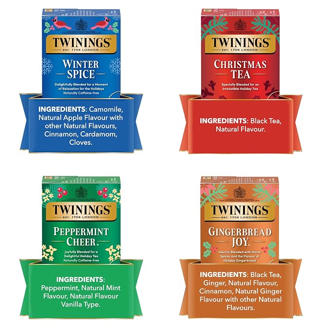 Twinings Holiday Variety Pack Tea Bags, Christmas Tea, Winter Spice, Gingerbread Joy, Peppermint Cheer, 20 Count (Pack of 4), Enjoy Hot or Iced, 80 Teabags