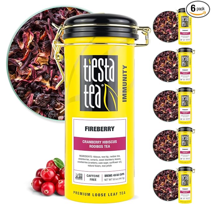 Tiesta Tea - Fireberry Cranberry Hibiscus Rooibos Tea, Loose Leaf, Premium Non-Caffeinated Rooibos Blend, Make Hot or Iced & Brews Up to 50 Cups, 30oz Refillable Tin, Pack of 6