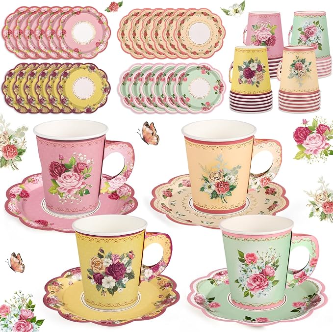 24 Sets Vintage Floral Tea Party Cups 7 OZ Disposable Paper Cups with Handle and Plates Teacups and Saucer Sets for Tea Party Decorations Garden Party Baby Bridal Shower Birthday(Vintage Style)