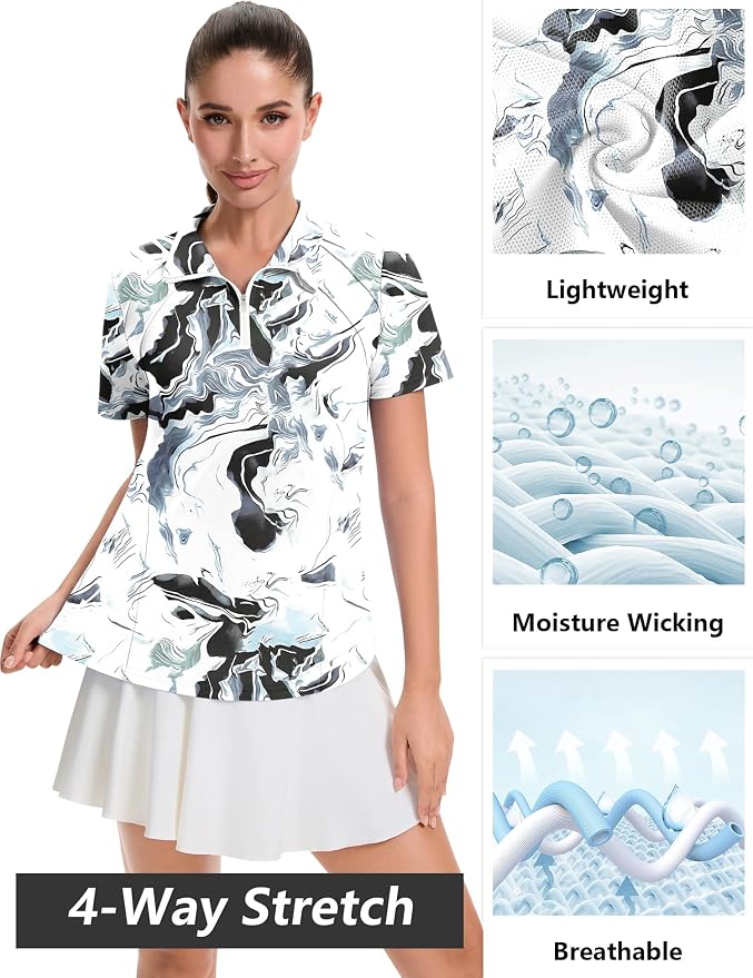 LOMON Womens Golf Polo Shirt Summer Short Sleeve Quarter Zip Outfit | Side-Pockets,Princess Seams,Cotton,Wrinkle Free,Moisture Wicking,Quick-Dry,Lightweight,Collared,for Tennis Workout