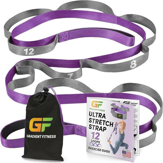 Gradient Fitness Stretching Strap for Physical Therapy, 12 Multi-Loop Stretch Strap 1" W x 8' L, Neoprene Handles, Physical Therapy Equipment, Yoga Straps for Stretching, Leg Stretcher.
