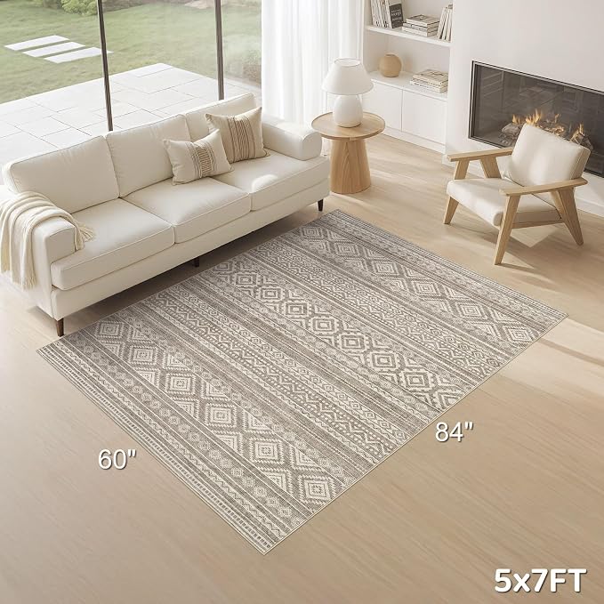cotiled 5x7 Area Rugs Living Room Rug: Washable Boho Rugs with Non Slip Backing Large Soft Indoor Stain Resistant Carpet for Bedroom Farmhouse Dining Room Lightweight Home Decor Coffee Brown