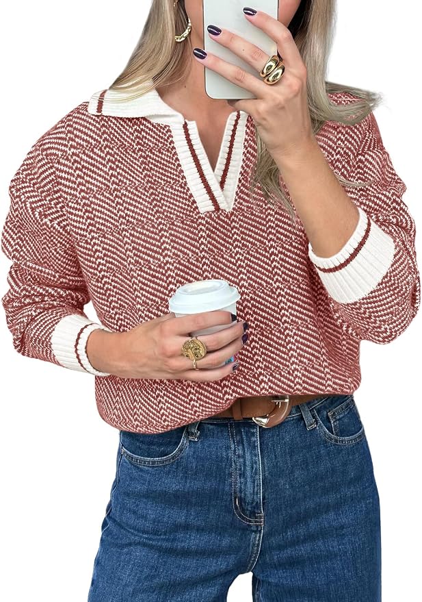 Saodimallsu Womens Fall Sweaters Tops Lapel V Neck Knit Color Block Shirt | Winter,Long Sleeve,Casual,Soft,Pullover,Cozy,Ribbed,Ladies,Chunky,Warm Sweaters,Checkered,Tunic,Work