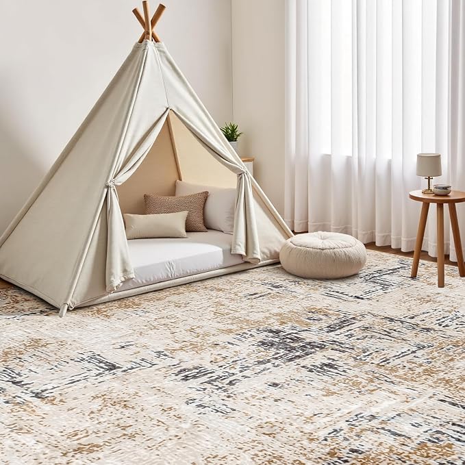 Rugflix 8x10 Area Rugs for Living Room, Washable Brown Grey Large Rug | Machine Washable; Stain-Resistant; Low Pile; Non-Slip; Modern Abstract; Carpet for Bedroom Dining Office Nursery Home