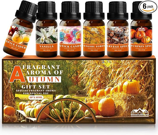 Autumn Essential Oils for Diffuser for Home, Aromatherapy Oils Diffusers Scents for Humidifier, Soap & Candle Making, Pumpkin Spice, Harvest Spices and Vanilla Fragrance Oils Set for Gifts(6×10ml)