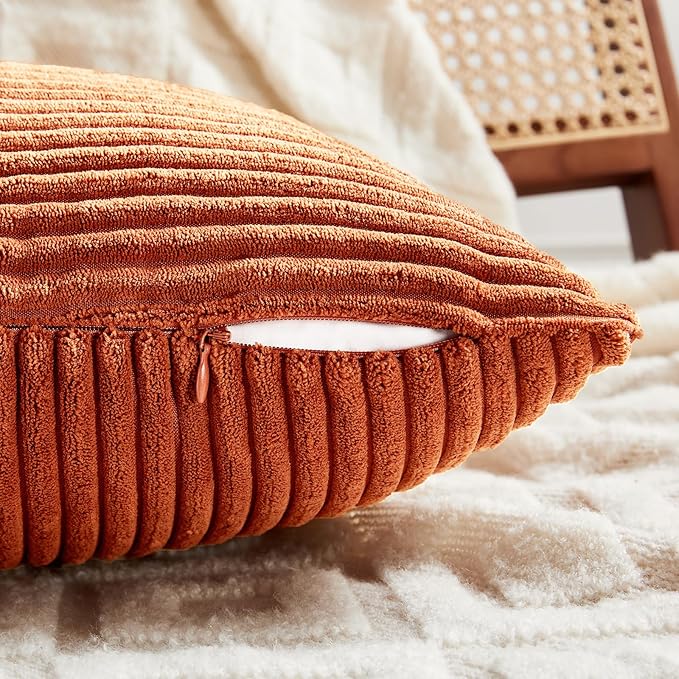 Fancy Homi Set of 2 Burnt Orange Lumbar Decorative Throw Pillow Covers 12x20 Inch for Living Room Couch Bed, Boho Farmhouse Fall Home Decor, Soft Corduroy Corss Patchwork Cushion Case 30x50 cm