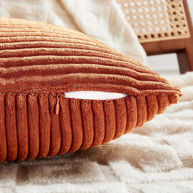 Fancy Homi Set of 2 Burnt Orange Decorative Throw Pillow Covers 22x22 Inch for Living Room Couch Bed, Boho Farmhouse Fall Home Decor, Soft Corss Corduroy Patchwork Textured Cushion Case 55x55 cm