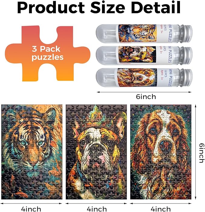 150 Pieces Mini Jigsaw Puzzles for Adults & Kids,6 x 4 Inches,Mini Puzzles,Travel Puzzle,Small Puzzles Challenging Difficult Puzzle,3 Pack Colorful Animals