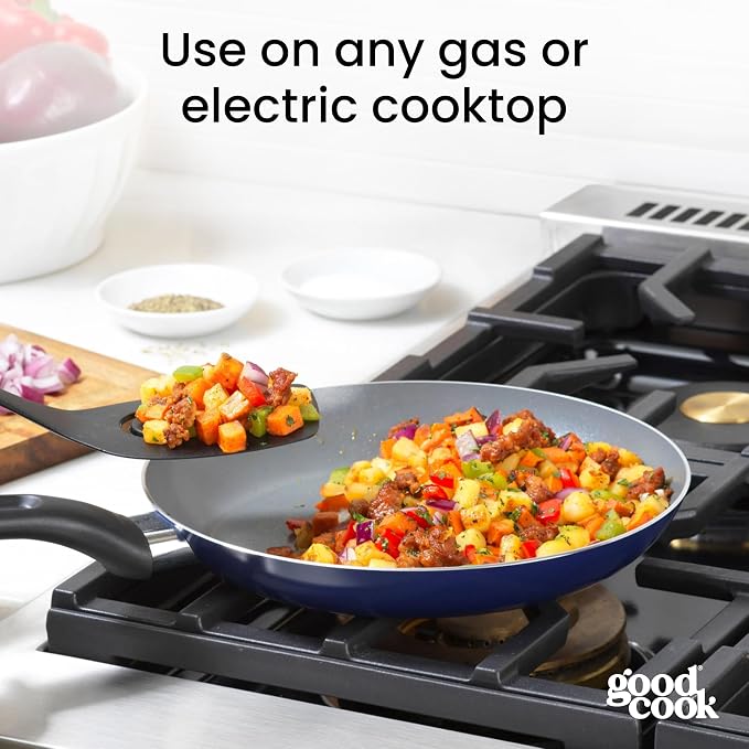 GoodCook Basics Fry Pan Ceramic Nonstick Aluminum Construction for Even Heating Non-Toxic PTFE & PFOA Free, 9.5-Inch, Blue
