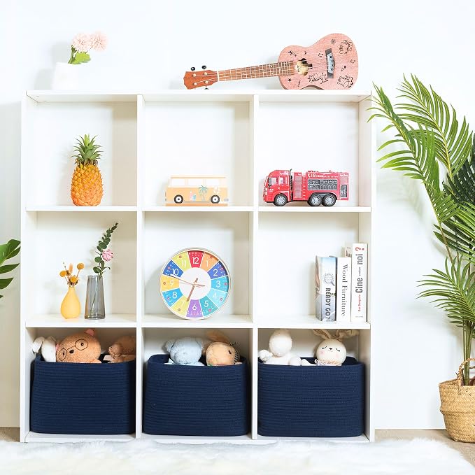3-Pack Decorative Woven Storage Baskets for Shelves, Cube Bin Box for Organizing Books, Shoes, Dog Toys, Pantry Closet and Living Room Organizer, Navy Blue