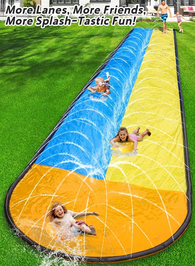 Slip and Water Slip,Water Slide for Kids Backyard 22ft*2 Lane Color-Block,Surrounding Sprinkler Summer Toys for Kids Outdoor with 2 Bodyboards