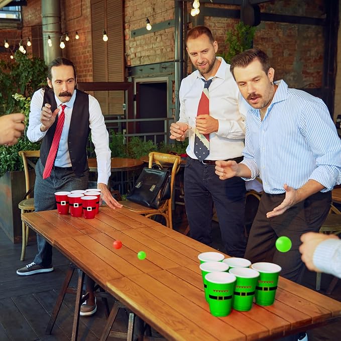 60 PCS Christmas Cup Pong Game Set - 16 Oz Red & Green Plastic Party Cups with 10 Red&Green Balls for Holiday Party Games, Family Gatherings, Christmas Party Supplies