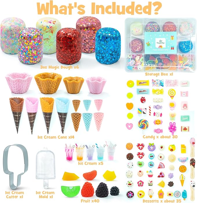 SIMPLIPLAY Ice Cream Sensory Dough Kit, 6 PCS 18oz Glitter Doughs with Accessories(120 Pcs+), Soft Clay Ice Cream Toys with Cone, Mold, Fruit Pieces, Christmas Birthday Gift for Girls Age 3 4 5 6