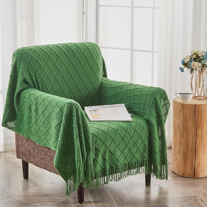 inhand Green Knitted Throw Blanket for Couch and Bed, 50"x60" | Throws for Her or Him, Soft Farmhouse Woven Blanket, Tassel, Lightweight Decorative, Cozy Knit, Warm Living Room Home Decor