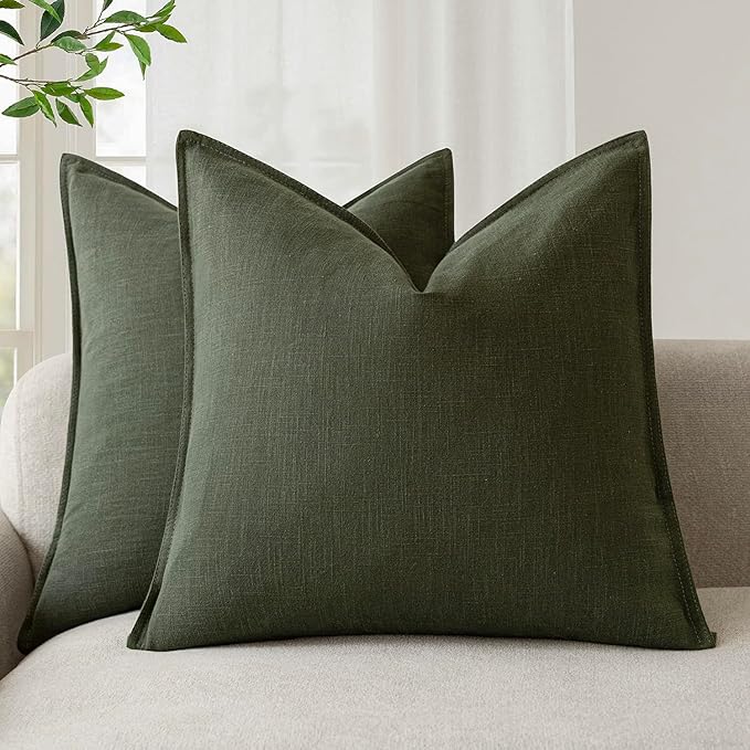 Foindtower Pack of 2, Decorative Linen Solid Throw Pillow Covers Soft Accent Cushion Case Farmhouse Neutral Pillowcase for Chair Couch Sofa Bedroom Living Room Home Decor 24 x 24 Inch Dark Olive Green