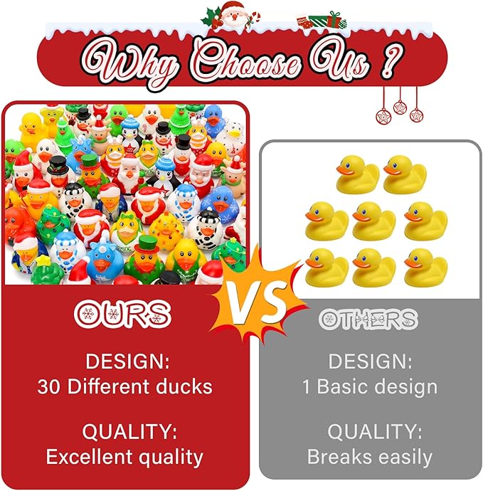 30 Pack Christmas Rubber Ducks-2.3 Inch Bulk Floater Ducks for Ducking Assortment Rubber Duckies for Kids Baby Bath Toys,Birthday Gifts Party Favors Summer Beach Pool Activity Toys