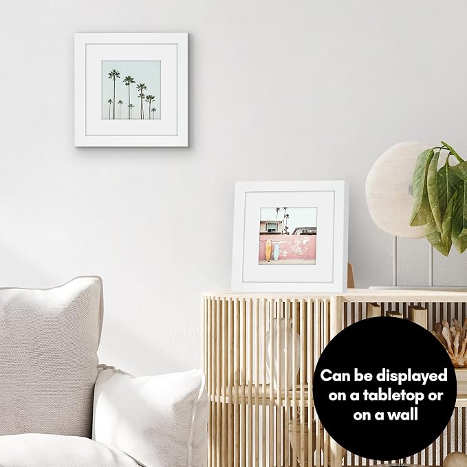 Americanflat 8x8 Picture Frame - Matted to 5x5 - Engineered Wood - White | Shatter-resistant glass, wall or tabletop display with included easel, sawtooth hangers included, use with or without mat