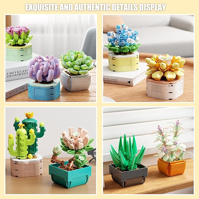 9 in 1 Tiny Flowers Succulents Artificial Plant Set-Creative Botanical Building Block Toy, Botanical Collection for Office&Home Decor, Birthday Gift for Adults and Kids 8-12(832 PCS)