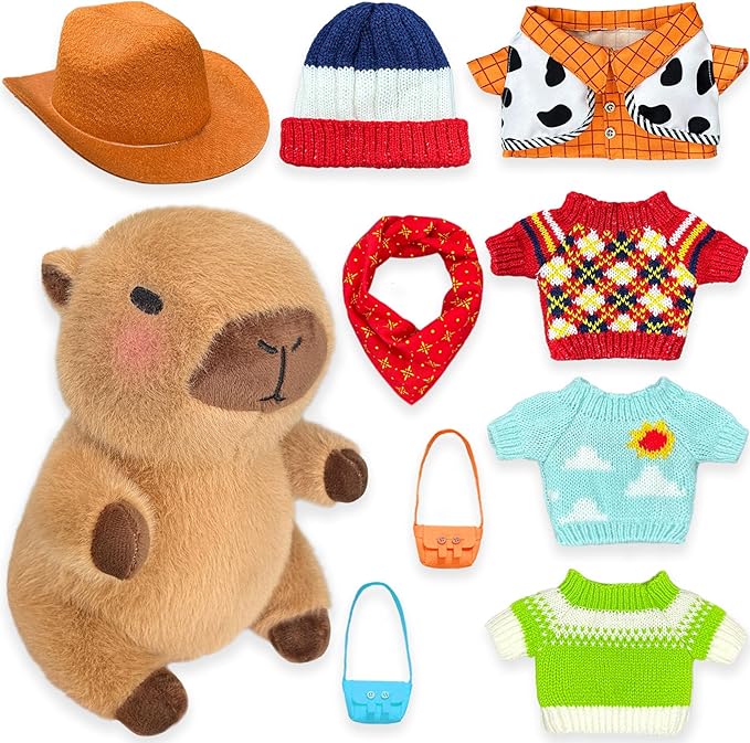 Capybara Plush with 9 pcs Clothes & Accessories, 10.2 in Cute Capybara Stuffed Animal Plush Toys, Dress Up Cute Plushies for Girls/Boys
