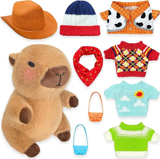 Capybara Plush with 9 pcs Clothes & Accessories, 10.2 in Cute Capybara Stuffed Animal Plush Toys, Dress Up Cute Plushies for Girls/Boys