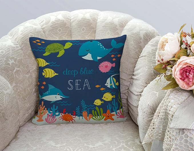 Cartoon Fish Whale Throw Pillow Cover 18 x 18 Inch, Cartoon Underwater Ocean Theme Sea Animal Nature Shark Turtle Decor Linen Cushion Cover for Sofa Couch Bed