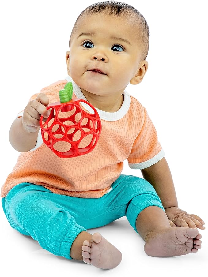 Bright Starts Oball Easy Grasp Red Apple Teether Toy, Hold My Own Collection, BPA Free, Unisex, Newborn and Up