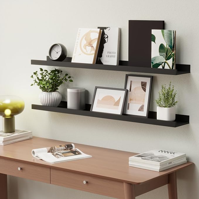 Boswillon Floating Shelves Set of 2, Long Wall Shelf with Lip, 36in, Black | Display Ledge Shelf for Room Wall, Wall Decor Shelves for Bathroom, Living Room, Bedroom, Kitchen, Nursery Room, Modern, Wood