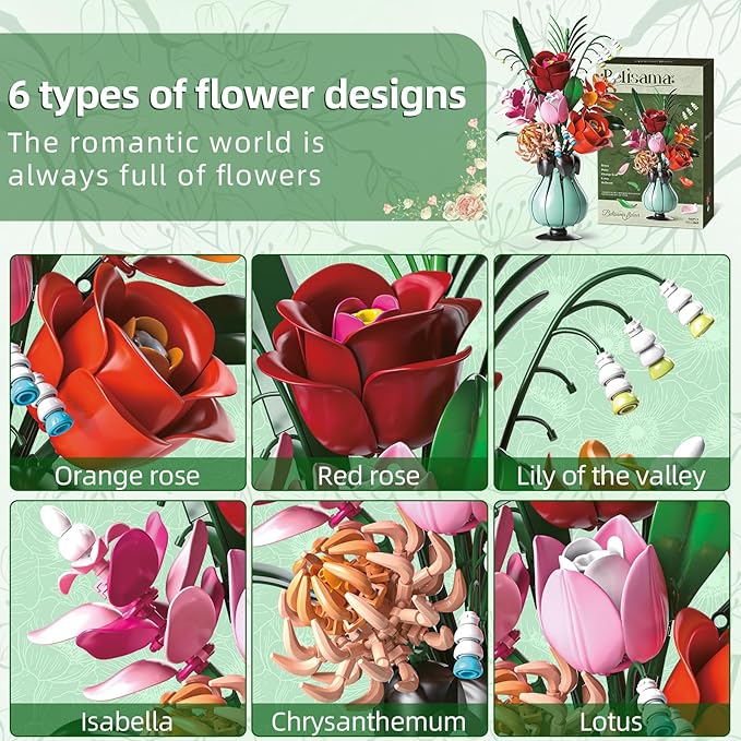 Flowers Bouquet Building Blocks Set with Vase, Roses, Lotus, Lily of The Valley for Adults, Teen Girls, Botanical Collection Home Décor, Office Decor, Gifts for Valentines Birthdays Mother's Day
