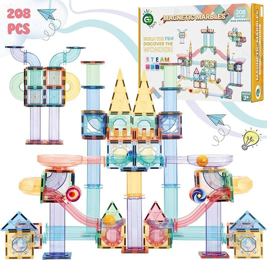 Magnetic Marble Run – 208 PCS Magnetic Tiles & Construction Blocks Set – STEM Building Toys for Boys & Girls Ages 3-9 – 3D Educational Marble Race Game – Gift for Birthdays & Classrooms