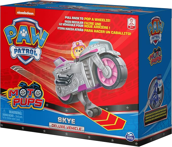 Paw Patrol, Moto Pups Skye’s Deluxe Pull Back Motorcycle Vehicle with Wheelie Feature and Toy Figure