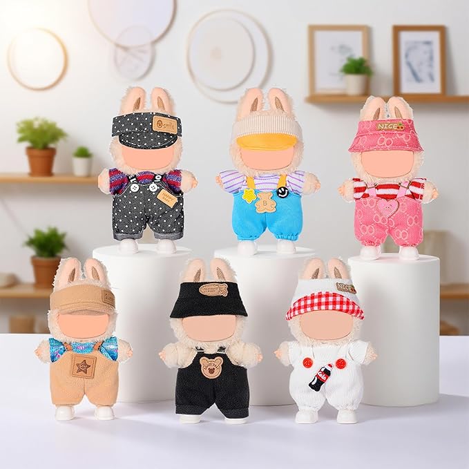 6 Set Doll Clothes for 17cm Plush Dolls- Fashion Overalls Outfit Bundle Trendy & Adorable (Clothes Only)