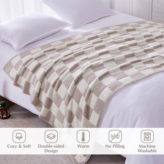 Soft Checkered Throw Blanket for Couch-Cozy Warm Knitted Blankets | Lightweight Warm Fluffy Decor for Women, Mom, Her & Girls, Sofa, Chair, Bed, 50x70in, Taupe